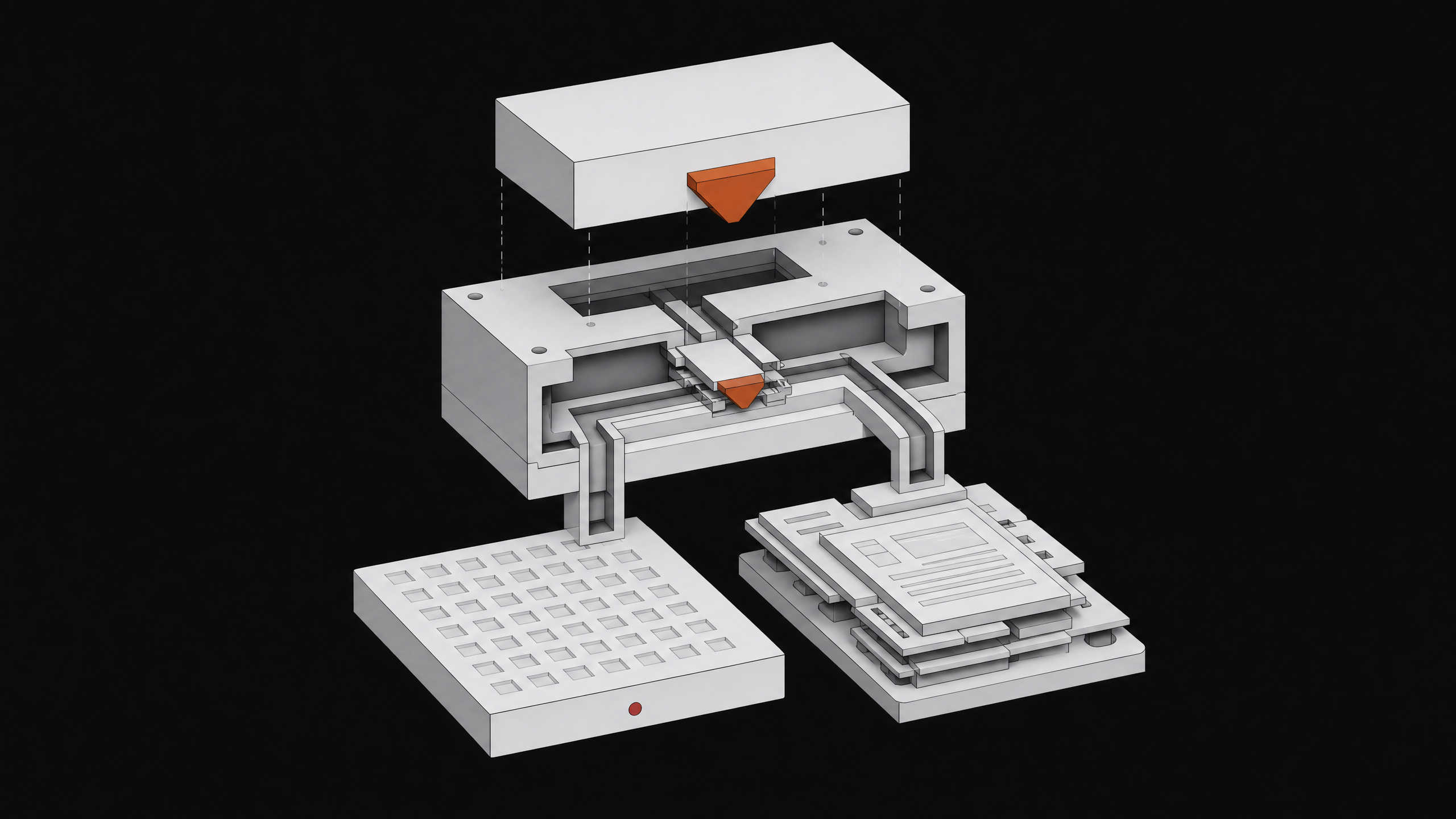 An exploded isometric view of a routing manifold using a specific protruding wedge on an incoming block to select a simplified output path, representing HTTP content negotiation.