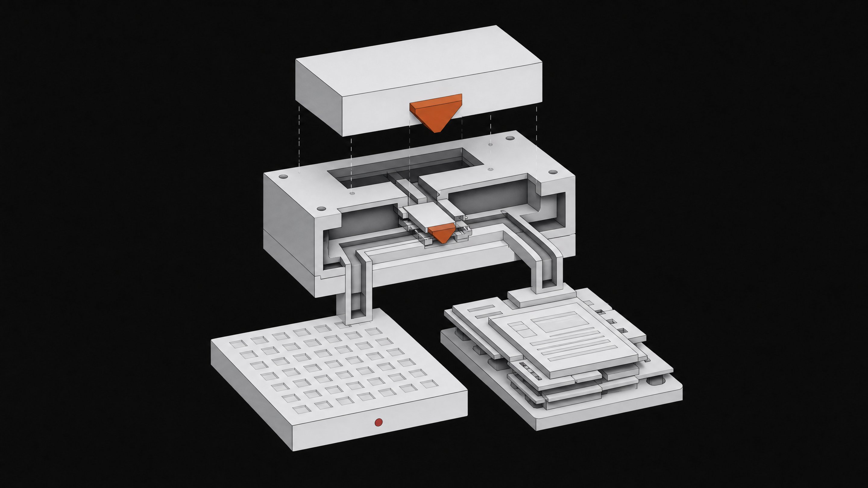An exploded isometric view of a routing manifold using a specific protruding wedge on an incoming block to select a simplified output path, representing HTTP content negotiation.
