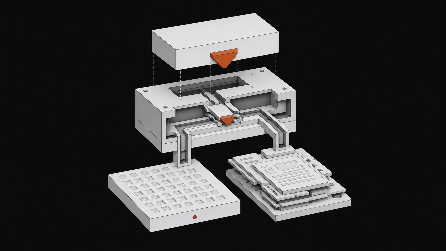 An exploded isometric view of a routing manifold using a specific protruding wedge on an incoming block to select a simplified output path, representing HTTP content negotiation.