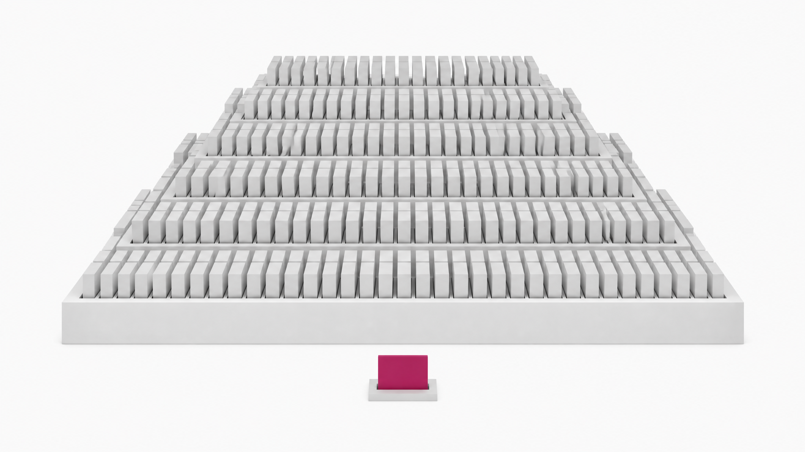 A single accented hardware token sits in front of a sharply stepped structure holding hundreds of identical blank tokens in a dense grid, illustrating the escalating volume of per-seat SaaS billing.