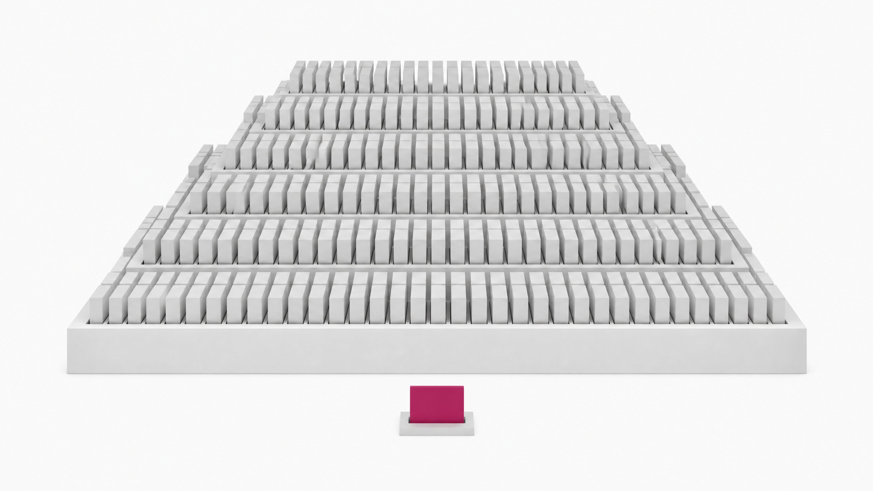 A single accented hardware token sits in front of a sharply stepped structure holding hundreds of identical blank tokens in a dense grid, illustrating the escalating volume of per-seat SaaS billing.