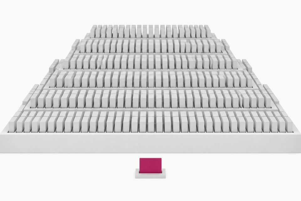 A single accented hardware token sits in front of a sharply stepped structure holding hundreds of identical blank tokens in a dense grid, illustrating the escalating volume of per-seat SaaS billing.