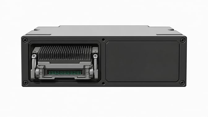 A dual-slot hardware module where one bay contains a complex, active data cartridge representing an available API model, while the second bay is sealed by a featureless blank plate representing an unreleased product.