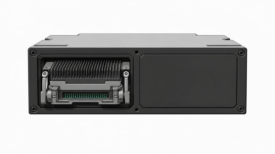 A dual-slot hardware module where one bay contains a complex, active data cartridge representing an available API model, while the second bay is sealed by a featureless blank plate representing an unreleased product.