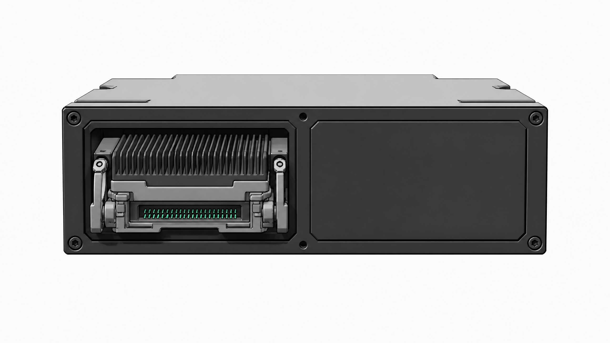 A dual-slot hardware module where one bay contains a complex, active data cartridge representing an available API model, while the second bay is sealed by a featureless blank plate representing an unreleased product.