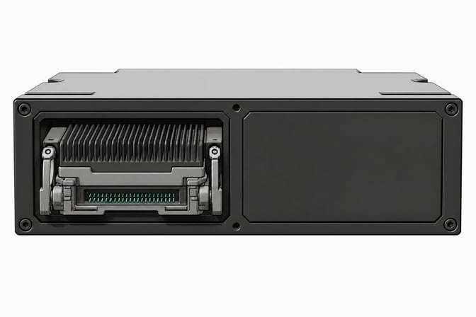 A dual-slot hardware module where one bay contains a complex, active data cartridge representing an available API model, while the second bay is sealed by a featureless blank plate representing an unreleased product.