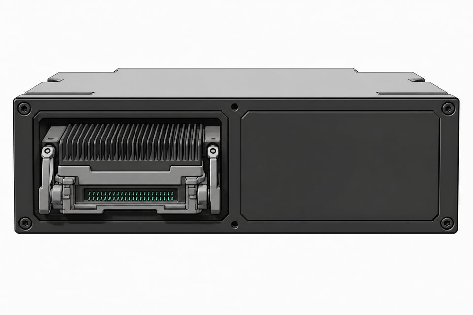 A dual-slot hardware module where one bay contains a complex, active data cartridge representing an available API model, while the second bay is sealed by a featureless blank plate representing an unreleased product.