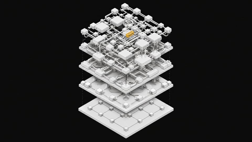 A multi-layered topological model of a software stack, showing a simple foundation expanding vertically into a dense, over-engineered architecture representing feature bloat.