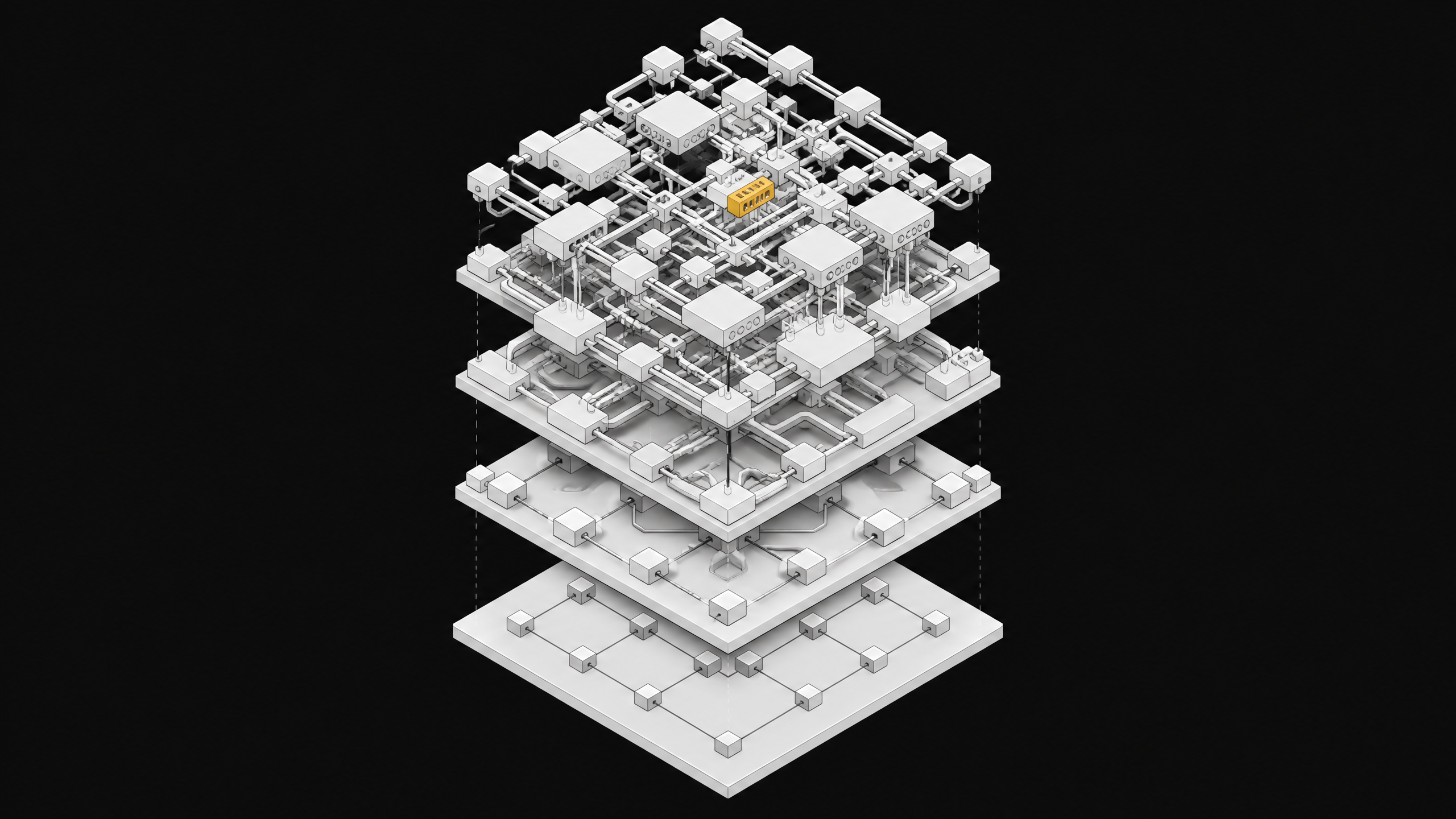 A multi-layered topological model of a software stack, showing a simple foundation expanding vertically into a dense, over-engineered architecture representing feature bloat.