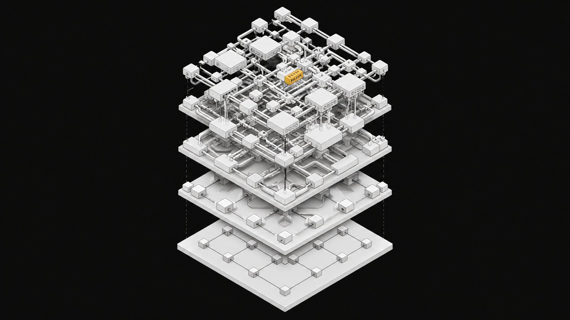 A multi-layered topological model of a software stack, showing a simple foundation expanding vertically into a dense, over-engineered architecture representing feature bloat.