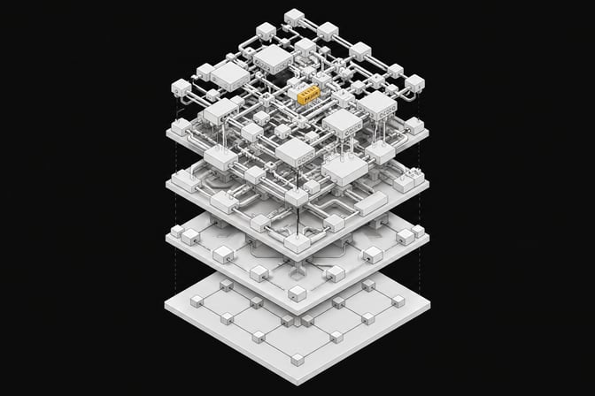 A multi-layered topological model of a software stack, showing a simple foundation expanding vertically into a dense, over-engineered architecture representing feature bloat.