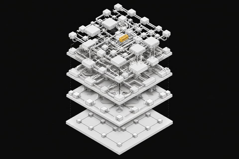 A multi-layered topological model of a software stack, showing a simple foundation expanding vertically into a dense, over-engineered architecture representing feature bloat.