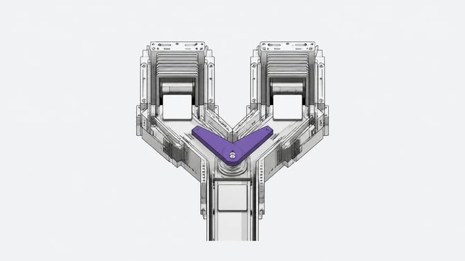 A mechanical diverter routing blank data cards into one of two identical parallel processing chambers, representing the choice between two flash-tier LLMs for internal tools.