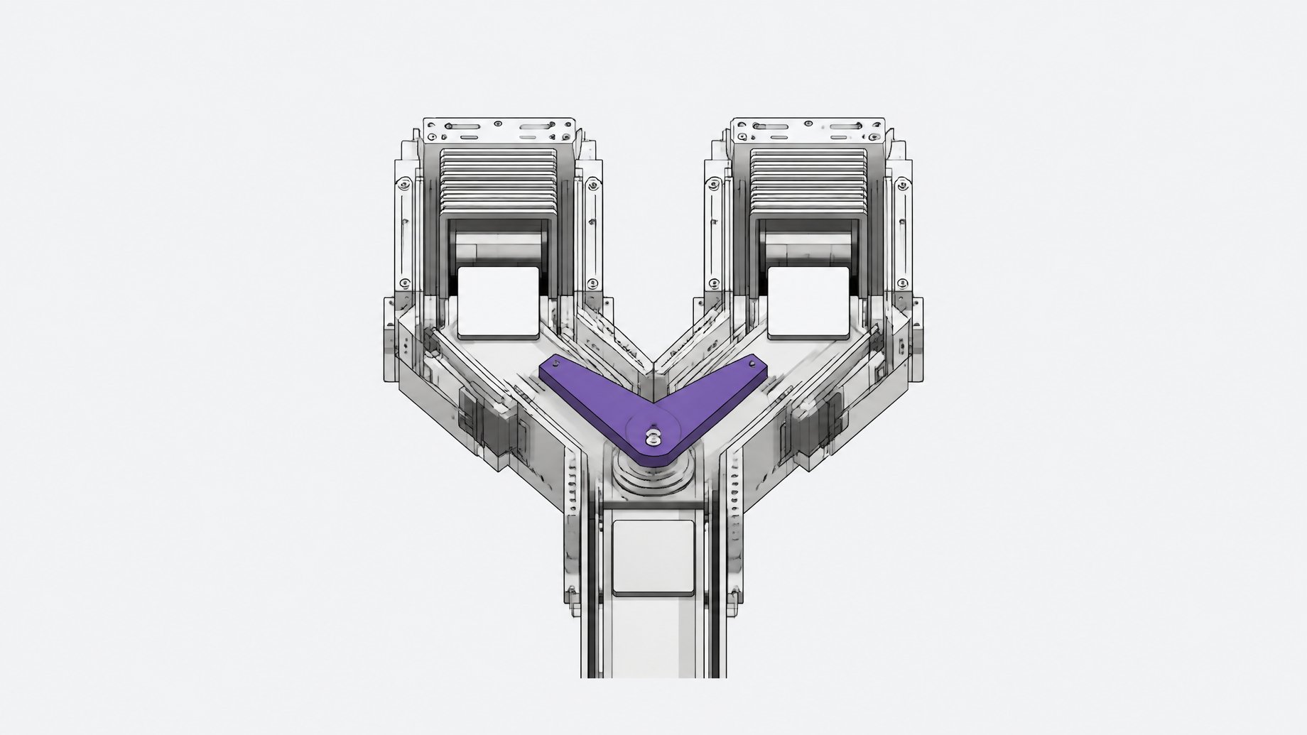 A mechanical diverter routing blank data cards into one of two identical parallel processing chambers, representing the choice between two flash-tier LLMs for internal tools.