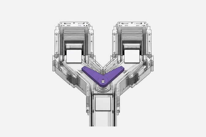 A mechanical diverter routing blank data cards into one of two identical parallel processing chambers, representing the choice between two flash-tier LLMs for internal tools.