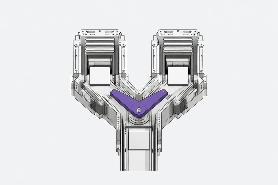 A mechanical diverter routing blank data cards into one of two identical parallel processing chambers, representing the choice between two flash-tier LLMs for internal tools.