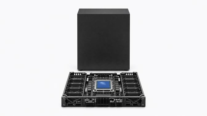 A massive, sealed server casing contrasts with a compact, completely exposed modular logic board representing local AI inference.
