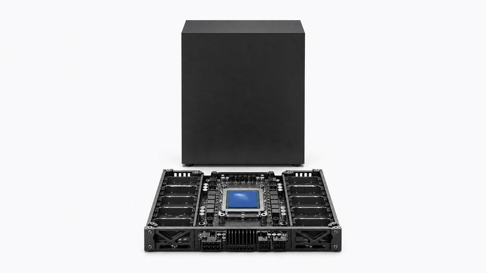 A massive, sealed server casing contrasts with a compact, completely exposed modular logic board representing local AI inference.