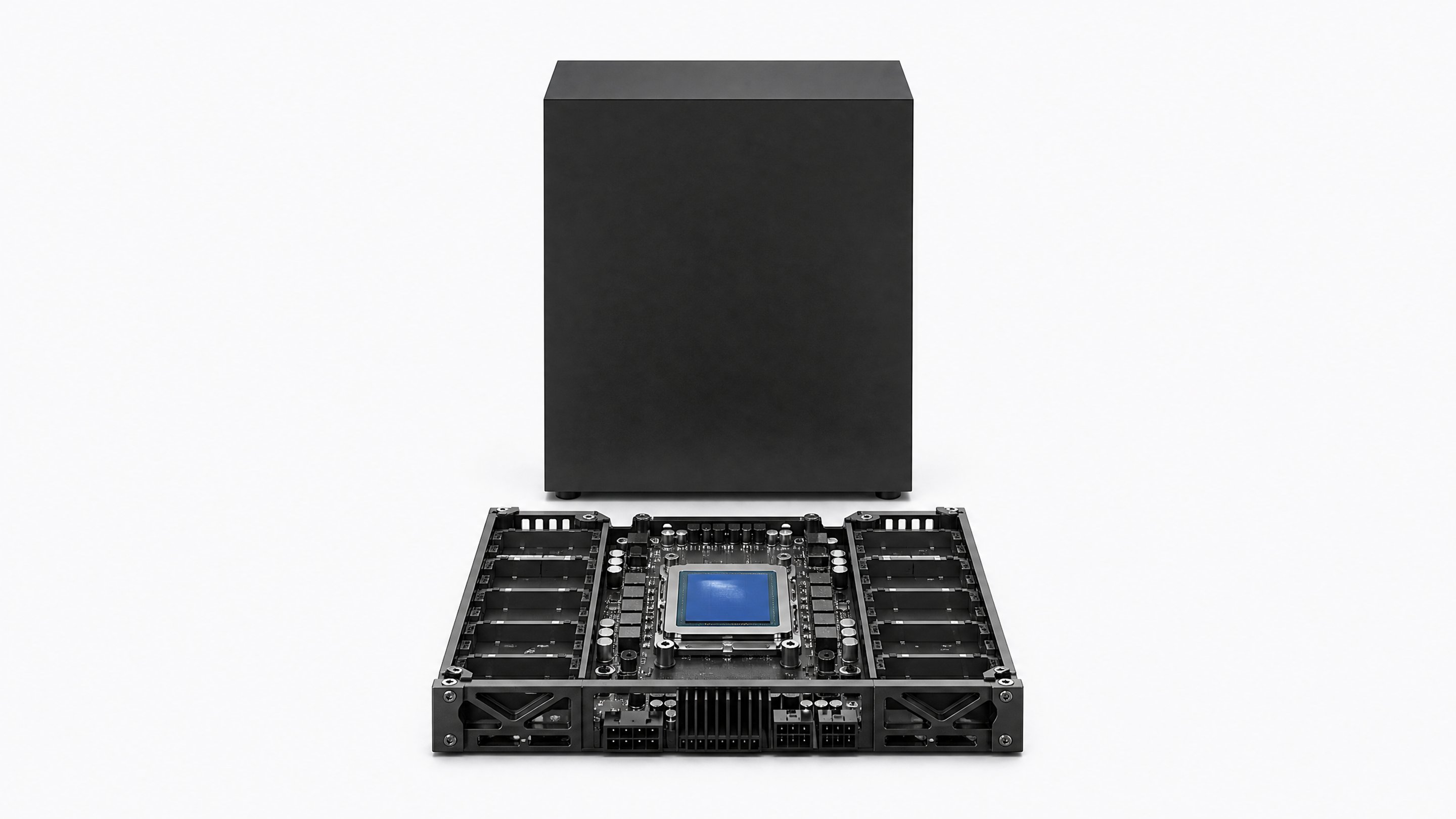 A massive, sealed server casing contrasts with a compact, completely exposed modular logic board representing local AI inference.