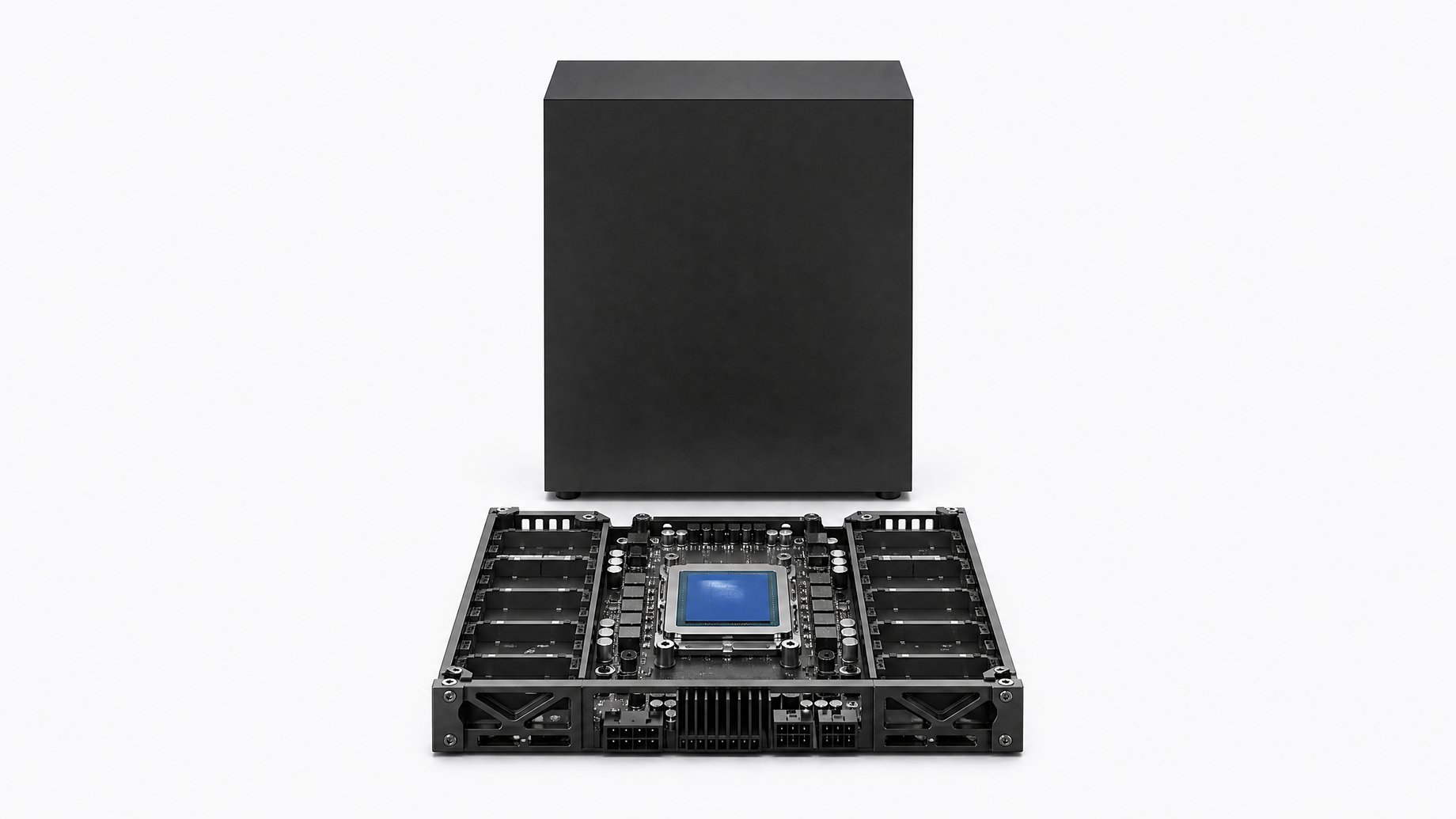 A massive, sealed server casing contrasts with a compact, completely exposed modular logic board representing local AI inference.