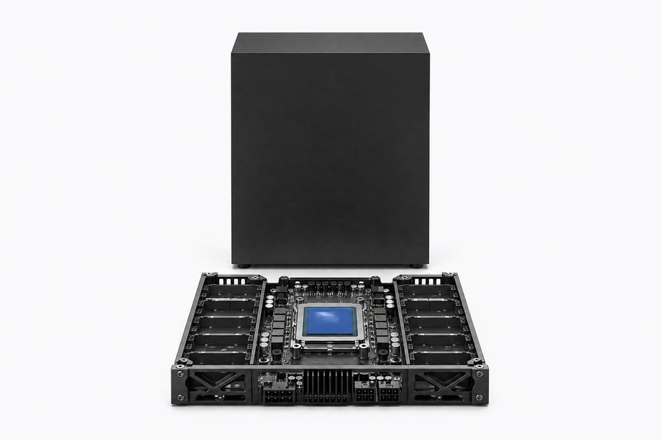 A massive, sealed server casing contrasts with a compact, completely exposed modular logic board representing local AI inference.