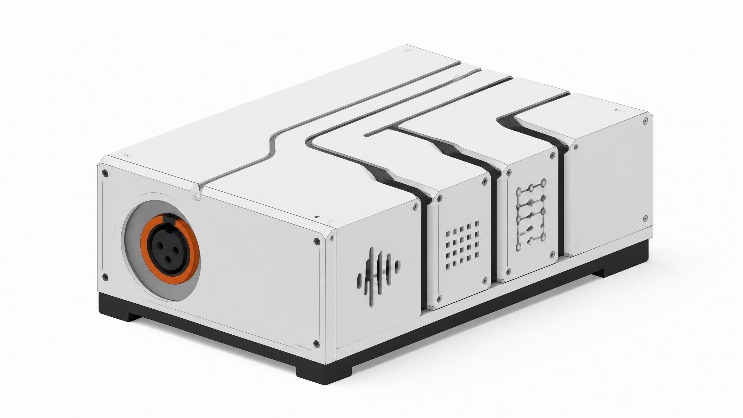A precision-machined telephony hardware module with a prominent audio input socket and three slotted processing cartridges representing a custom voice agent pipeline.