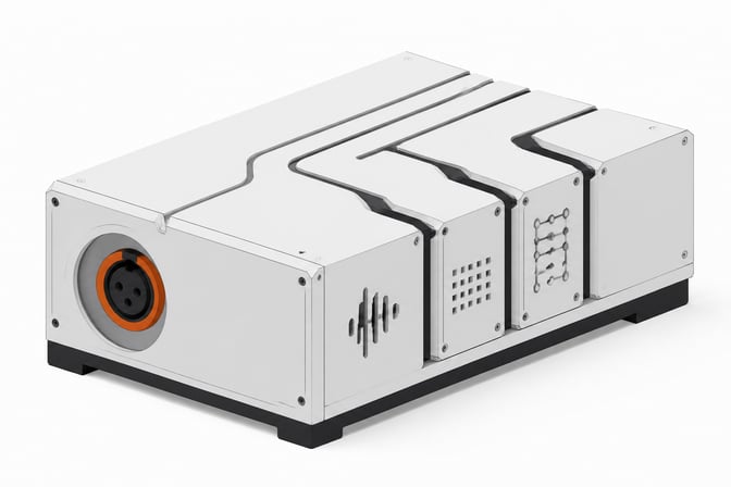 A precision-machined telephony hardware module with a prominent audio input socket and three slotted processing cartridges representing a custom voice agent pipeline.