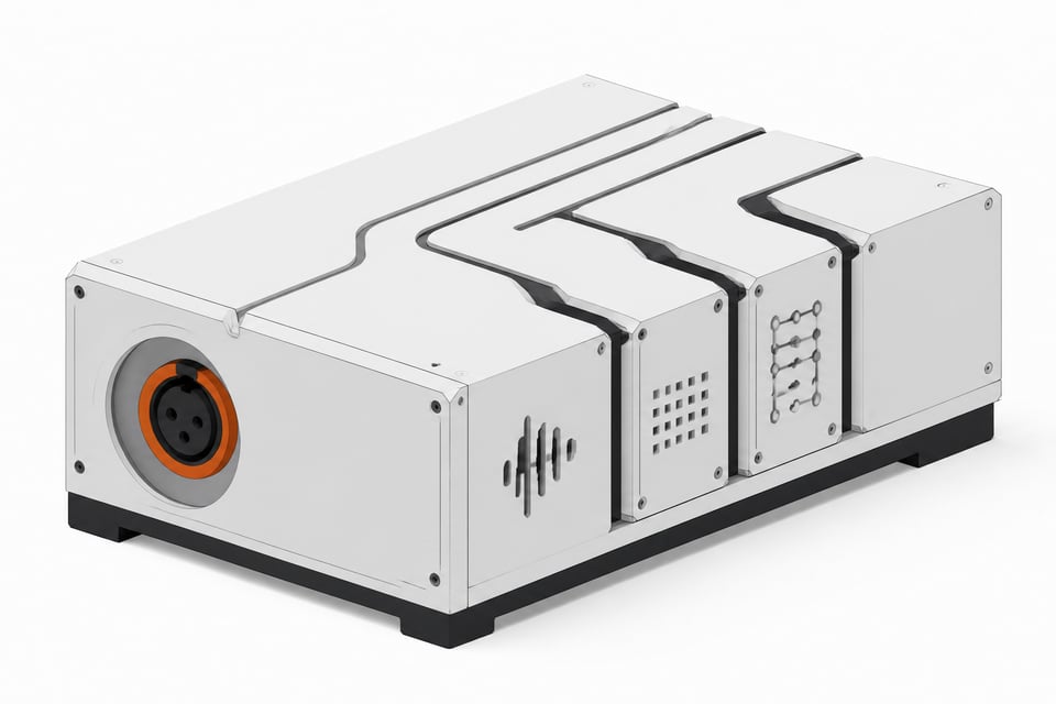 A precision-machined telephony hardware module with a prominent audio input socket and three slotted processing cartridges representing a custom voice agent pipeline.