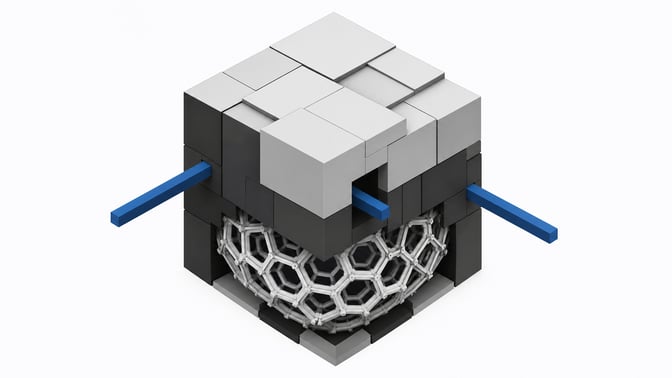 A spatial topological model of open-core software architecture showing an exposed inner network lattice enclosed by a heavy, opaque outer shell of proprietary enterprise modules.