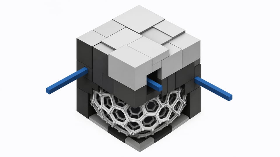 A spatial topological model of open-core software architecture showing an exposed inner network lattice enclosed by a heavy, opaque outer shell of proprietary enterprise modules.