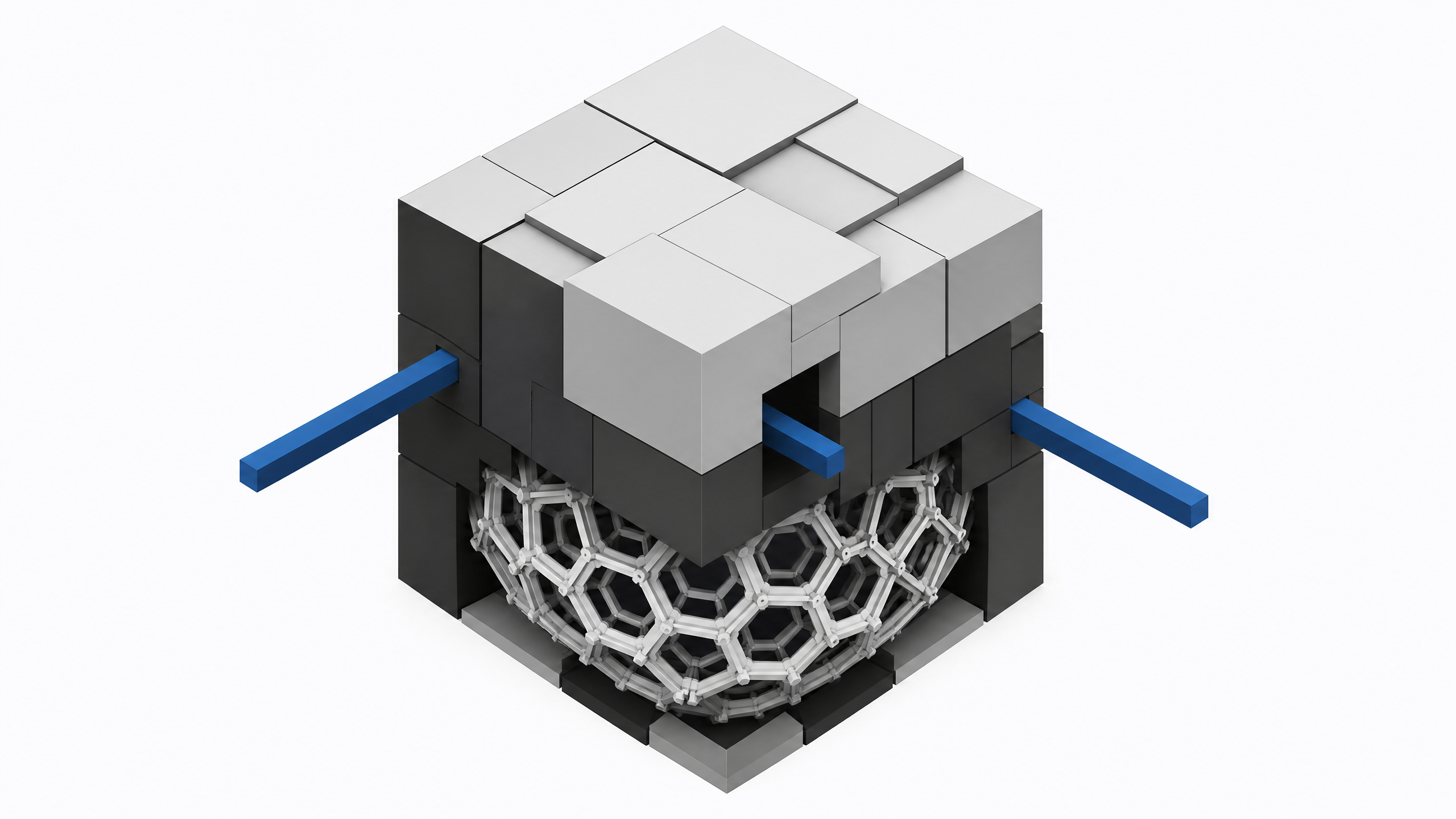 A spatial topological model of open-core software architecture showing an exposed inner network lattice enclosed by a heavy, opaque outer shell of proprietary enterprise modules.