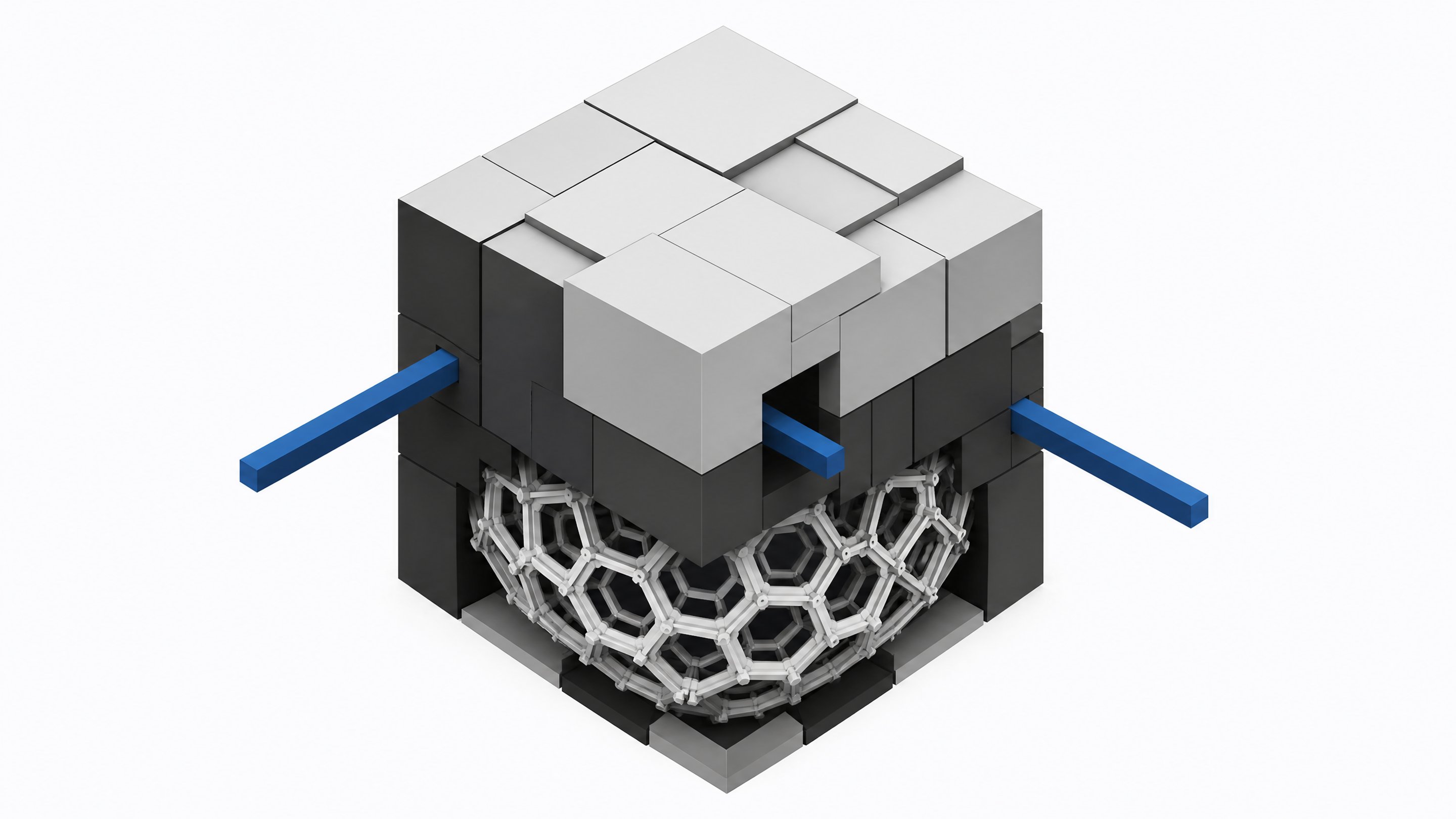 A spatial topological model of open-core software architecture showing an exposed inner network lattice enclosed by a heavy, opaque outer shell of proprietary enterprise modules.