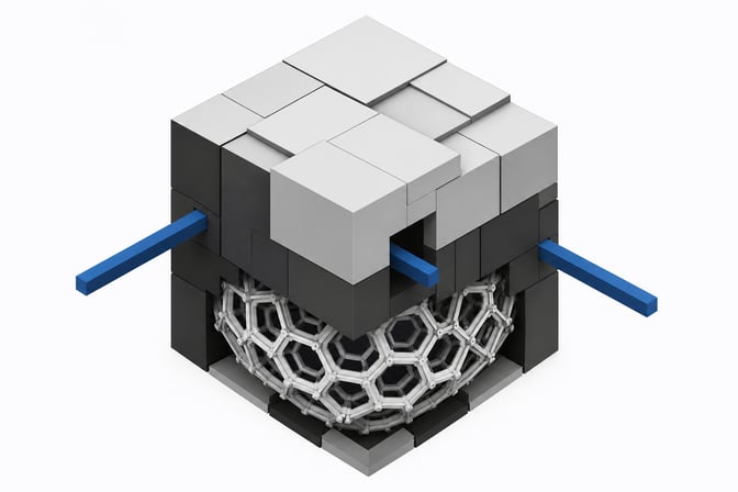A spatial topological model of open-core software architecture showing an exposed inner network lattice enclosed by a heavy, opaque outer shell of proprietary enterprise modules.