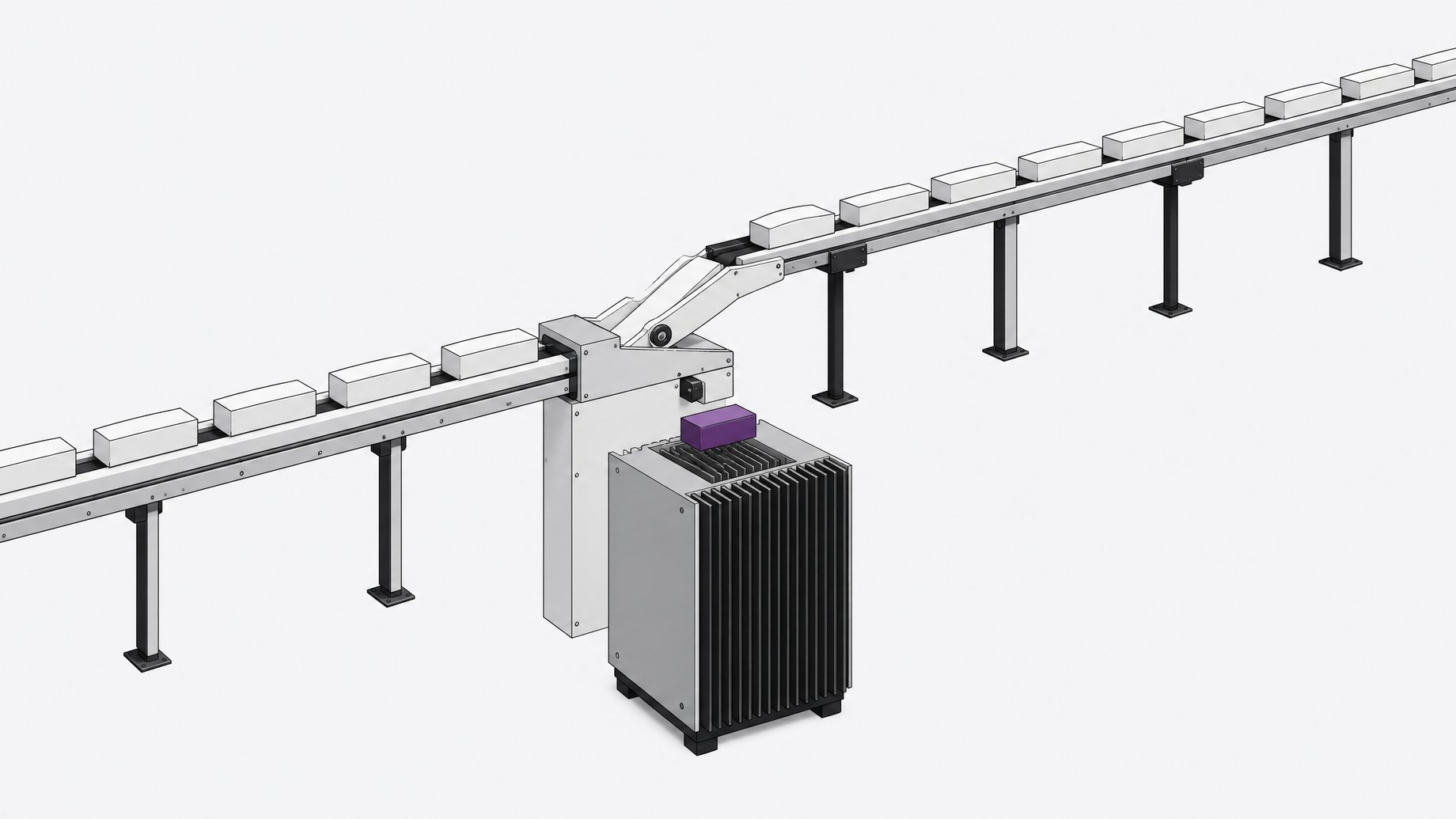A mechanical routing junction directing solid blank blocks either directly into a local finned processing enclosure or onto a long, elevated transit rail for external processing.