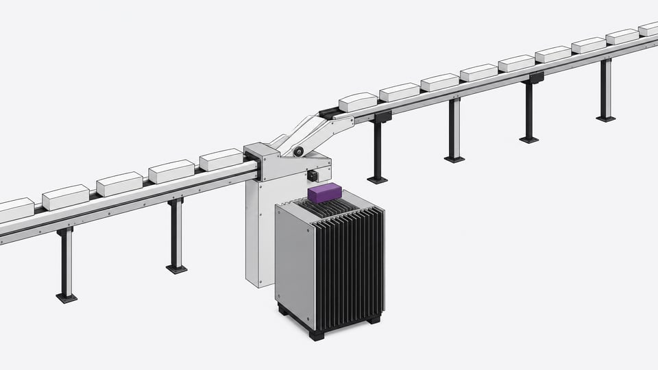 A mechanical routing junction directing solid blank blocks either directly into a local finned processing enclosure or onto a long, elevated transit rail for external processing.
