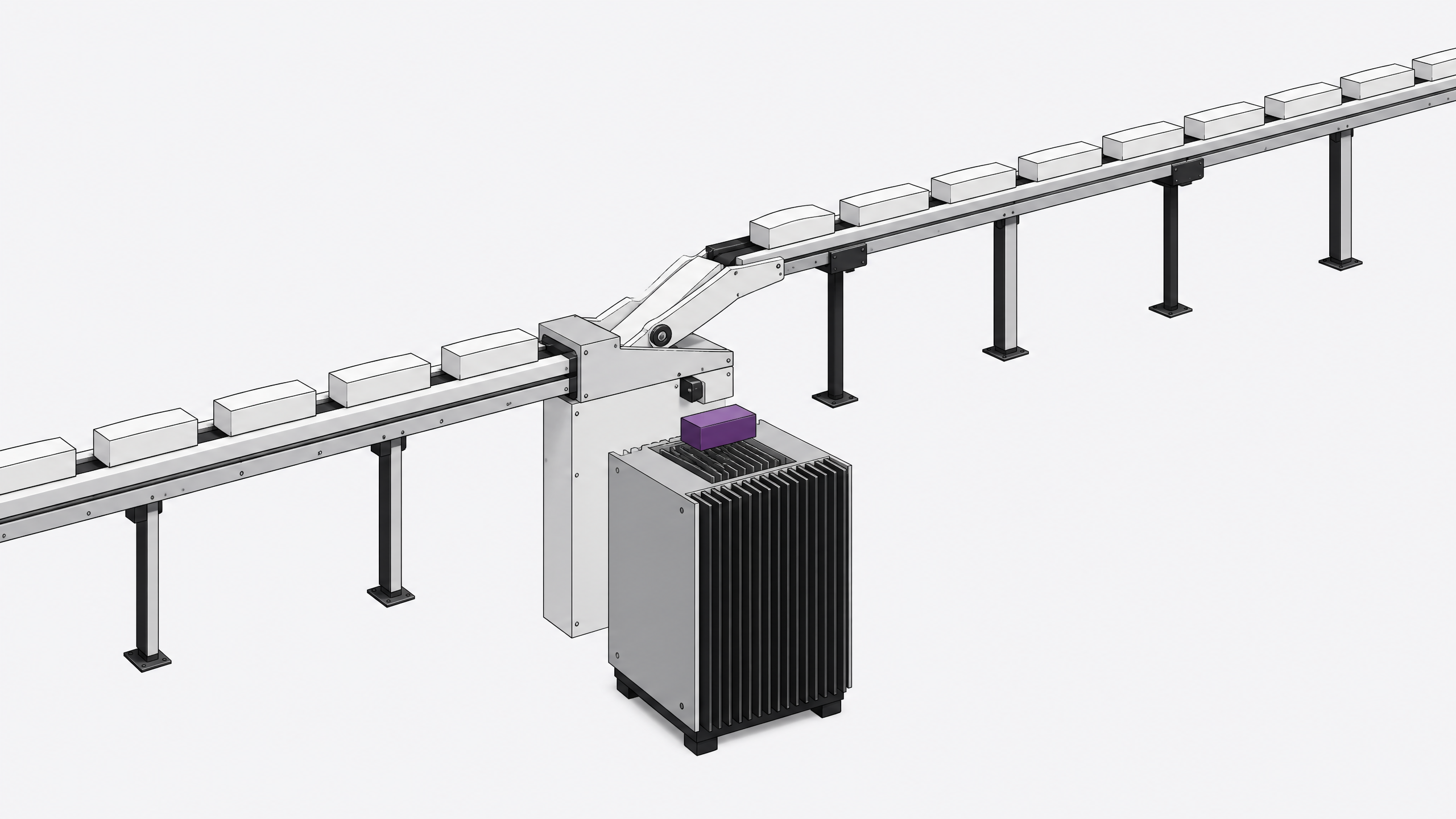 A mechanical routing junction directing solid blank blocks either directly into a local finned processing enclosure or onto a long, elevated transit rail for external processing.
