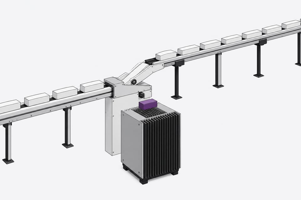 A mechanical routing junction directing solid blank blocks either directly into a local finned processing enclosure or onto a long, elevated transit rail for external processing.