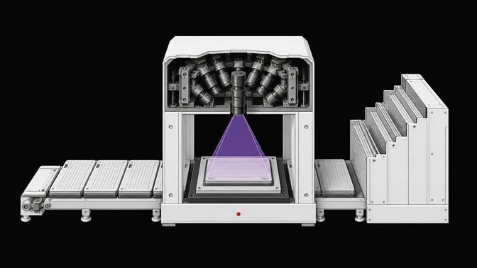A cutaway view of an automated hardware inspection bridge scanning blank component modules before they enter a main structural chassis, illustrating the rigorous auditing of AI-generated code.