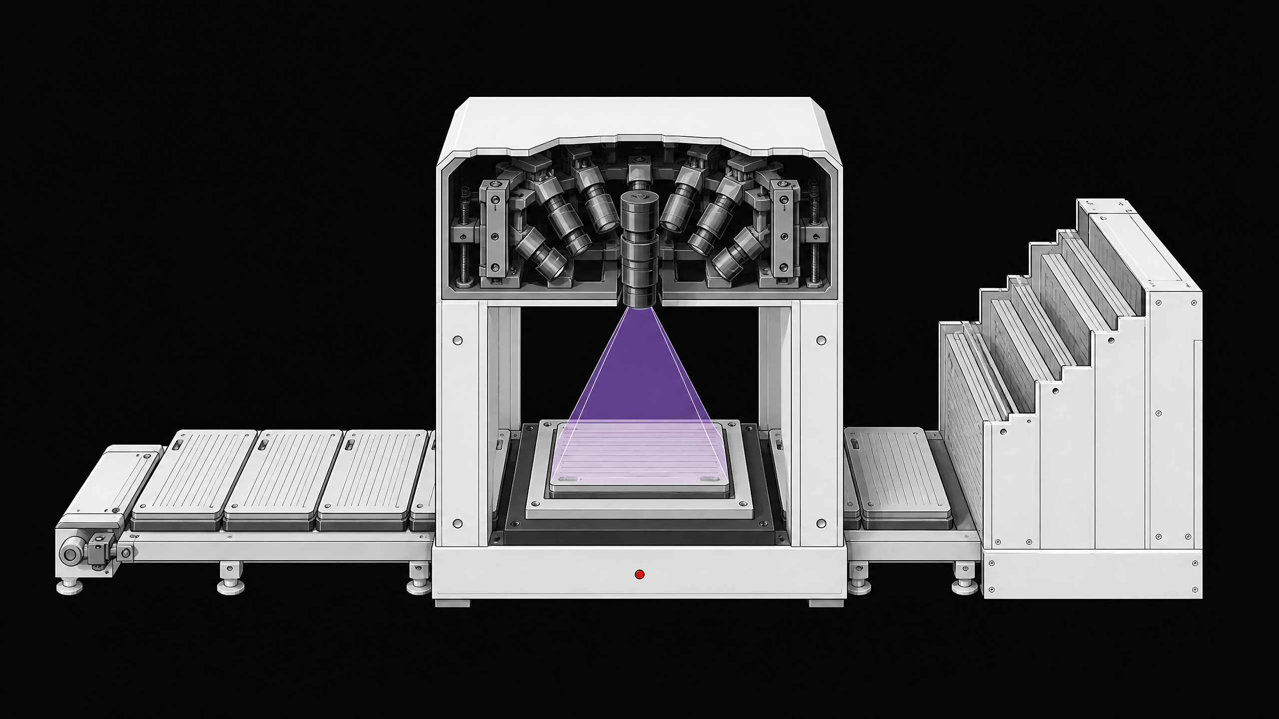 A cutaway view of an automated hardware inspection bridge scanning blank component modules before they enter a main structural chassis, illustrating the rigorous auditing of AI-generated code.