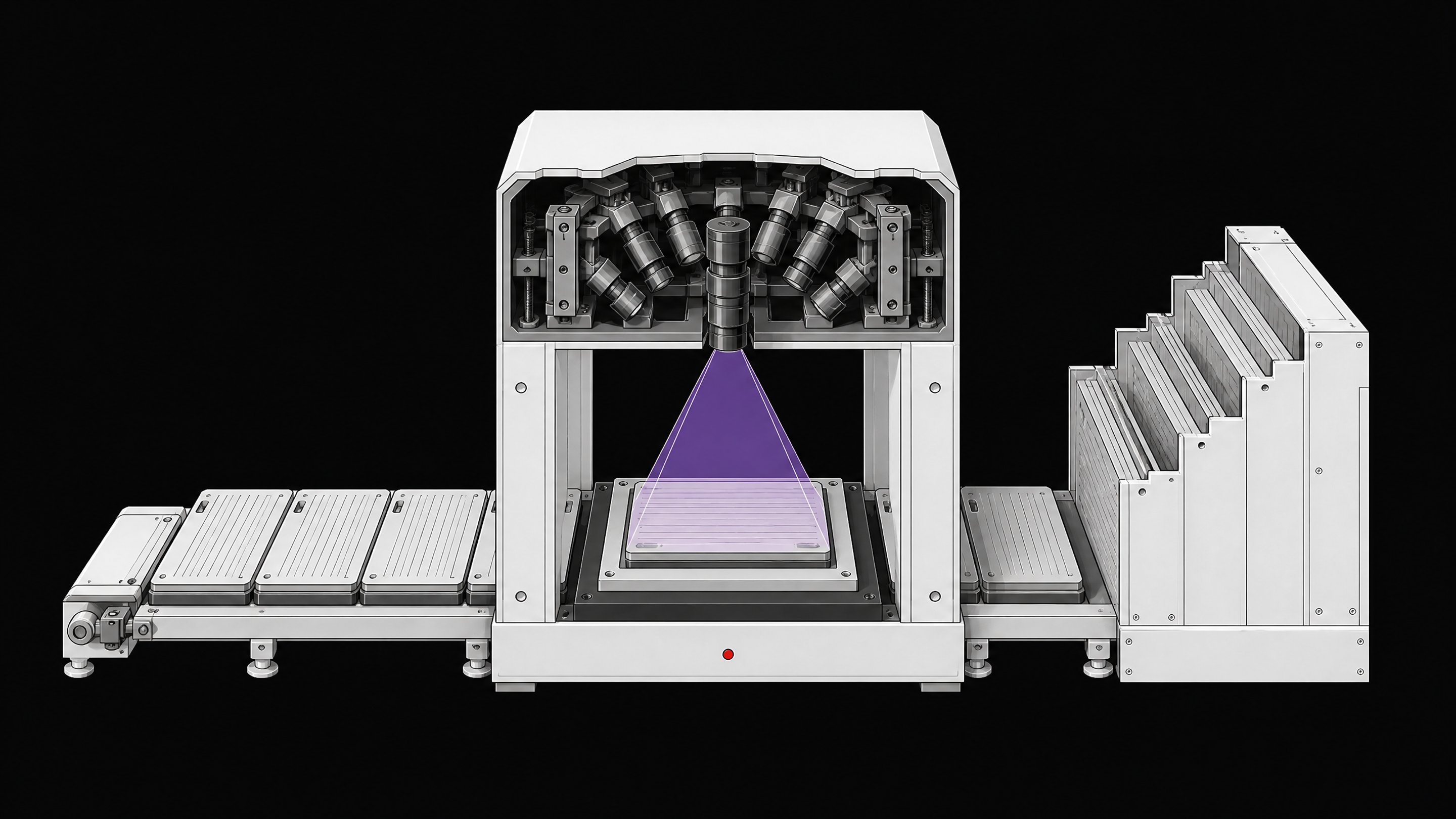 A cutaway view of an automated hardware inspection bridge scanning blank component modules before they enter a main structural chassis, illustrating the rigorous auditing of AI-generated code.