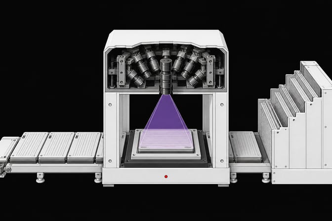 A cutaway view of an automated hardware inspection bridge scanning blank component modules before they enter a main structural chassis, illustrating the rigorous auditing of AI-generated code.