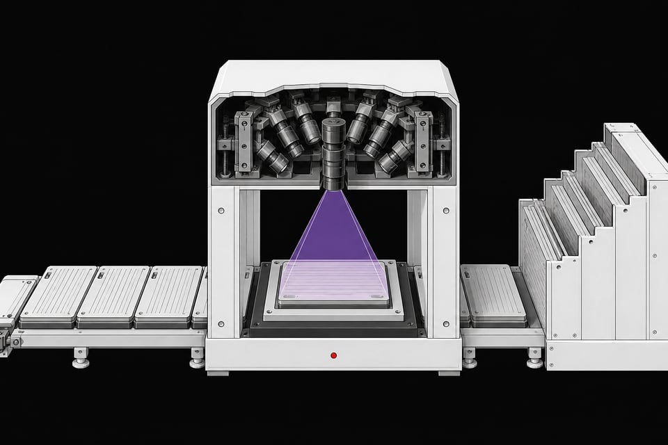A cutaway view of an automated hardware inspection bridge scanning blank component modules before they enter a main structural chassis, illustrating the rigorous auditing of AI-generated code.