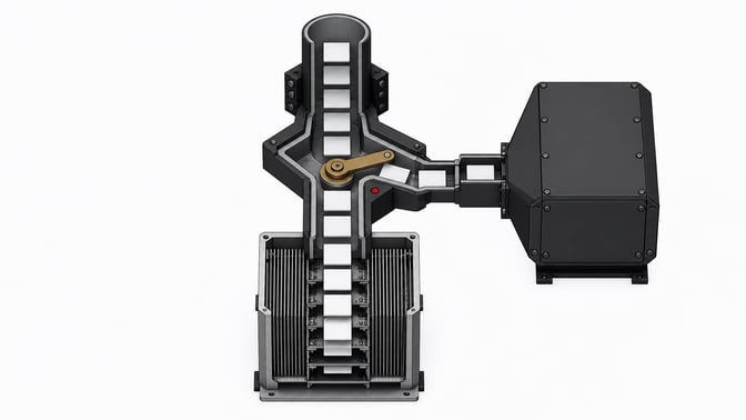 A modular cutaway view of a hardware routing switch directing blank request tokens between an exposed bare-metal compute chassis and a heavy enclosed proprietary block.