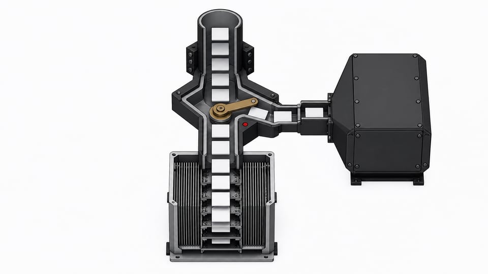 A modular cutaway view of a hardware routing switch directing blank request tokens between an exposed bare-metal compute chassis and a heavy enclosed proprietary block.