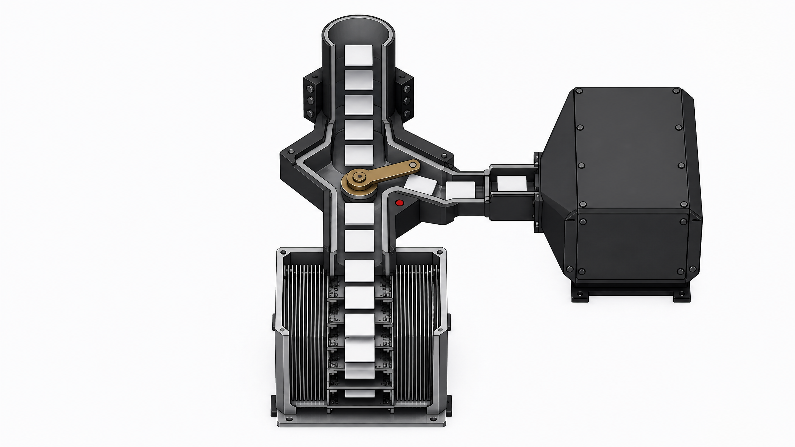 A modular cutaway view of a hardware routing switch directing blank request tokens between an exposed bare-metal compute chassis and a heavy enclosed proprietary block.