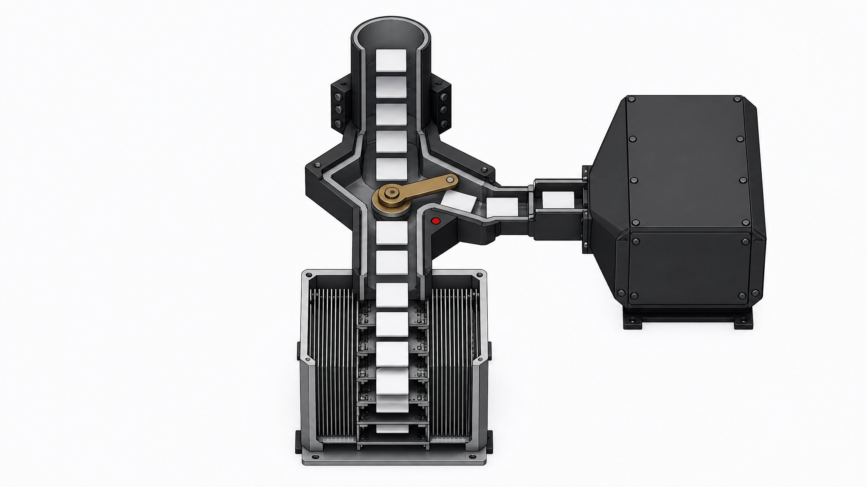 A modular cutaway view of a hardware routing switch directing blank request tokens between an exposed bare-metal compute chassis and a heavy enclosed proprietary block.