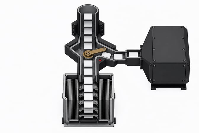 A modular cutaway view of a hardware routing switch directing blank request tokens between an exposed bare-metal compute chassis and a heavy enclosed proprietary block.