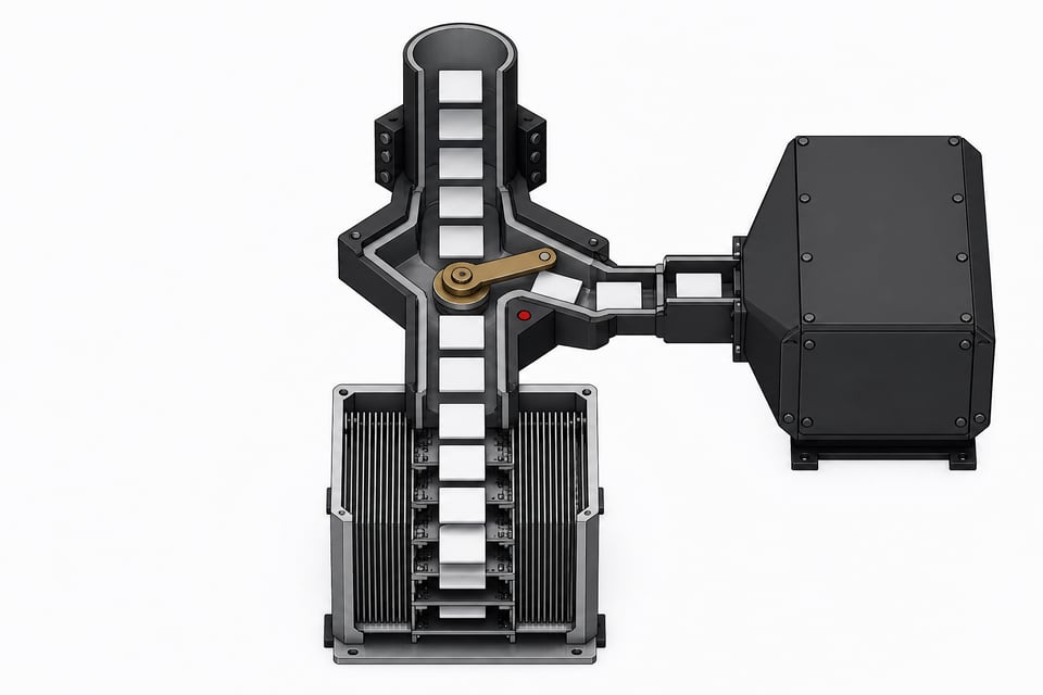 A modular cutaway view of a hardware routing switch directing blank request tokens between an exposed bare-metal compute chassis and a heavy enclosed proprietary block.