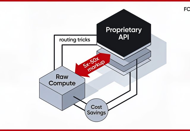 Minimal ink-and-crimson illustration of server racks balanced on a scale against a stack of invoice papers, representing the tradeoff between self-hosted AI infrastructure and API subscription costs