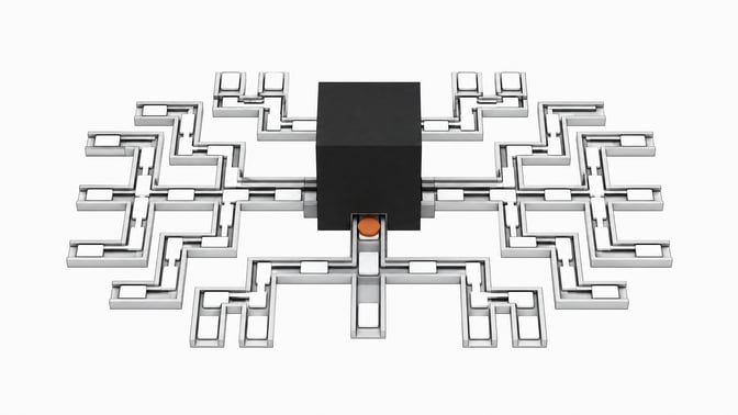 A sealed central processing block routing blank unlabelled plates along an exposed structural track network, representing an automated AI decision branching system.